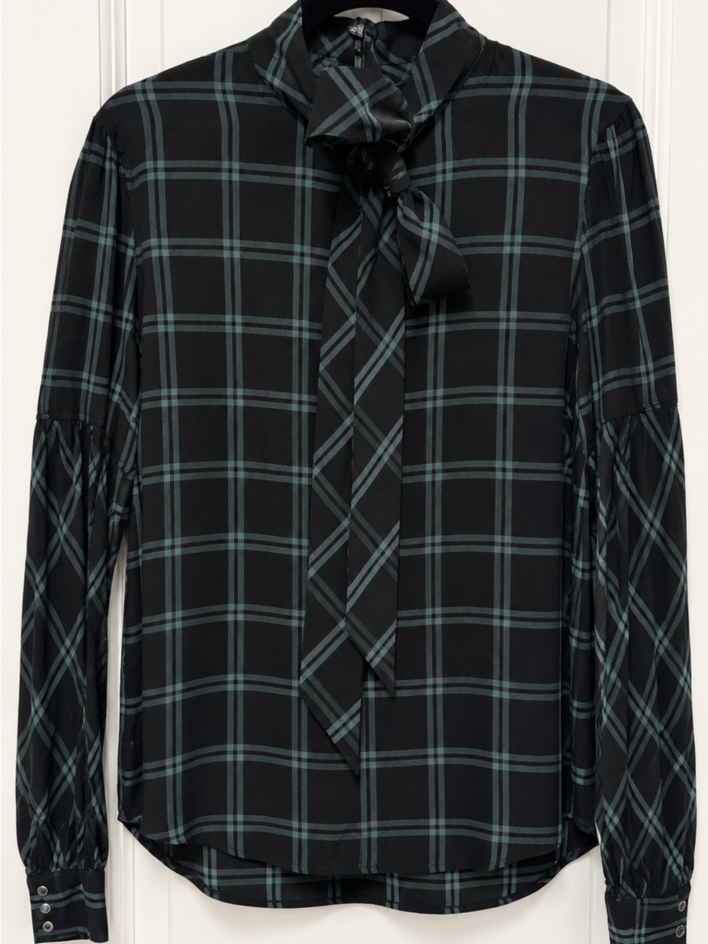 Ralph Lauren Black Plaid Tie-Neck Dress Shirt with Black and Green Check. Size L